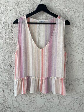 Rails Mira Tank Top Women's Large Pastel Striped Metallic Linen Blend Ruffle Hem